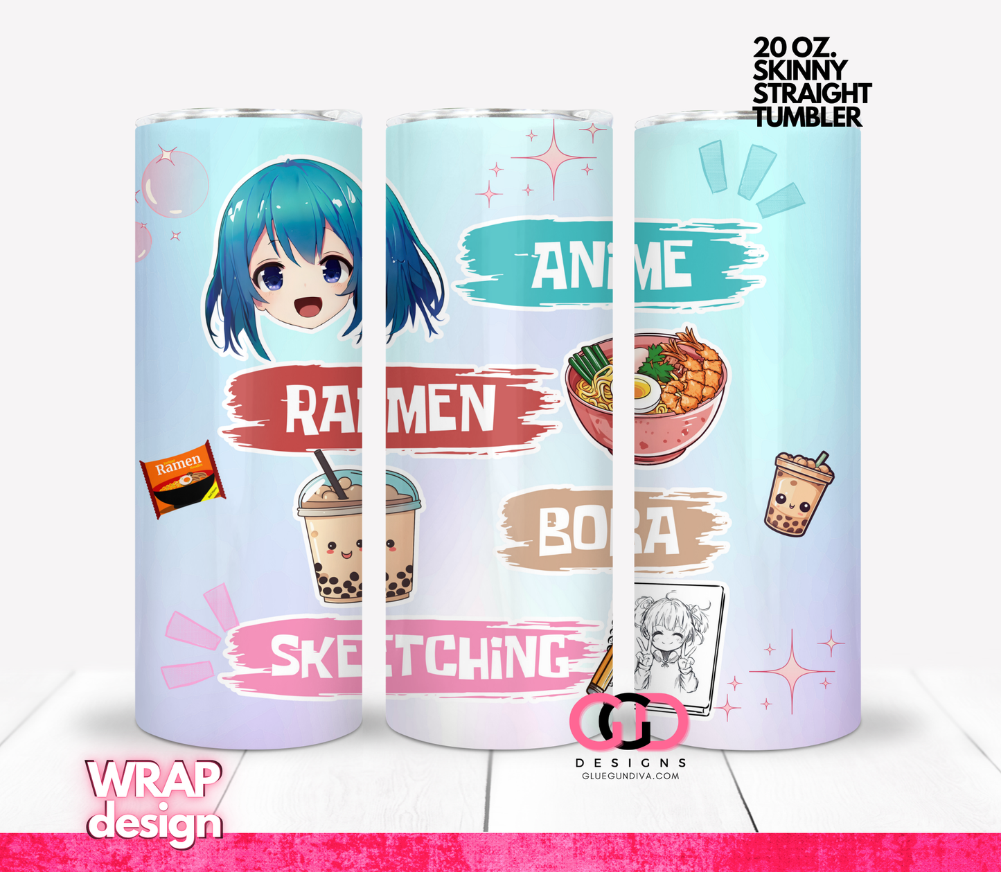 Anime and Boba - Digital tumbler wrap for 20 oz skinny straight tumbler