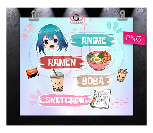 Anime and Boba - Digital tumbler wrap for 20 oz skinny straight tumbler