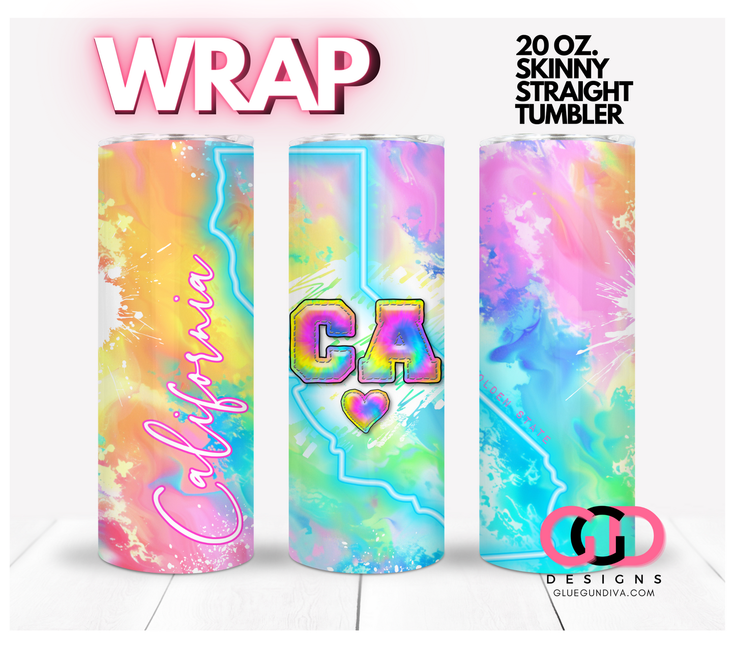 Neon State of California - Digital tumbler wrap for 20 oz skinny straight tumbler