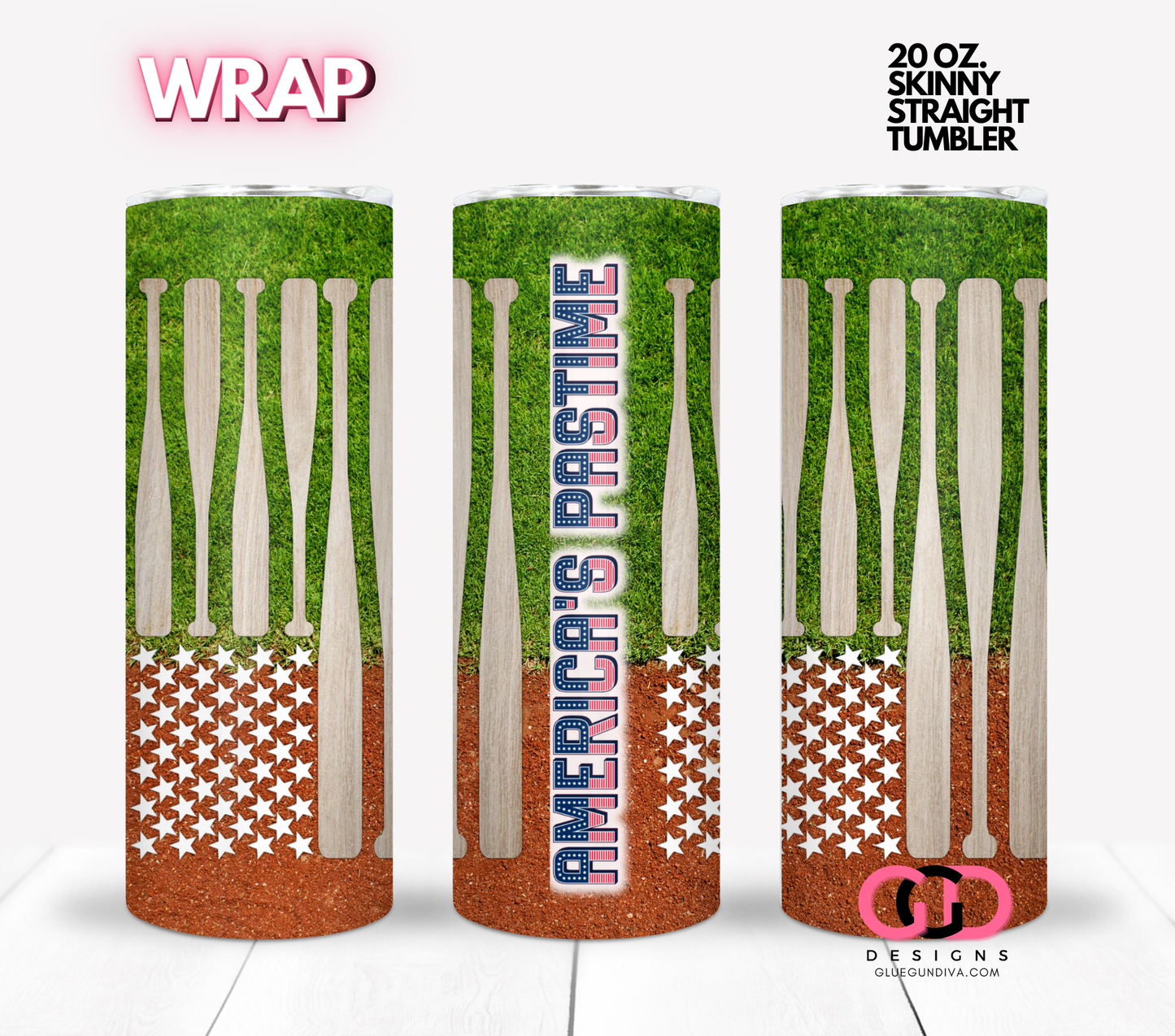 Baseball America's Past Time - Digital tumbler wrap for 20 oz skinny straight tumbler