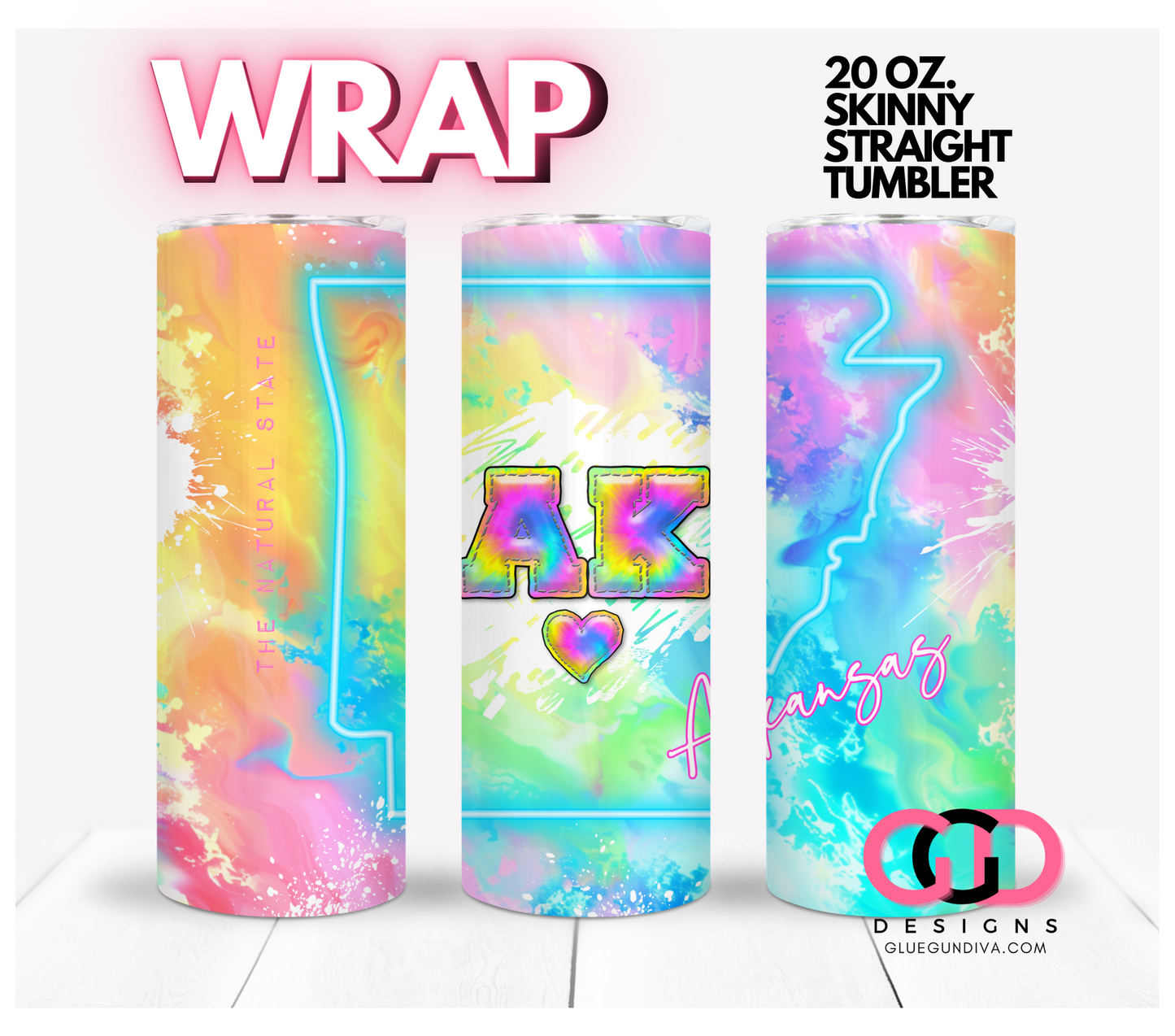 Neon State of Arkansas - Digital tumbler wrap for 20 oz skinny straight tumbler