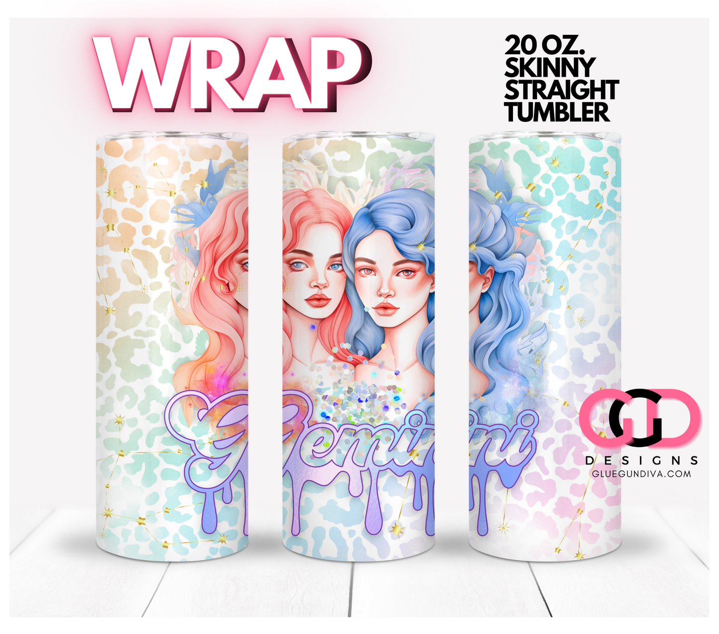 Gemini Beauties 1 - Digital tumbler wrap for 20 oz skinny straight tumbler