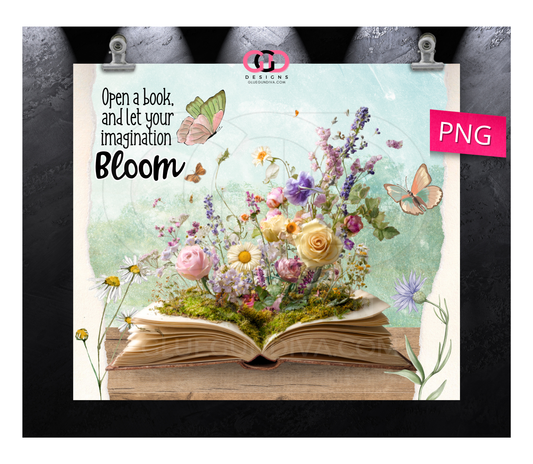 Open a Book and Bloom - Digital tumbler wrap for 20 oz skinny straight tumbler