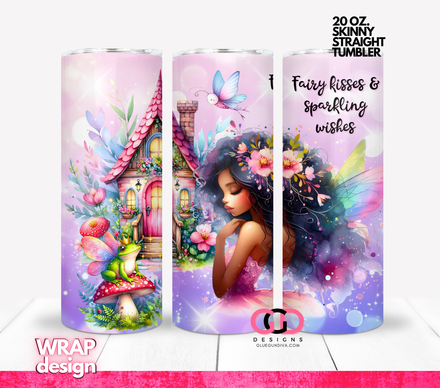 Fairy Kisses Sparkling Wishes 1 - Digital tumbler wrap for 20 oz skinny straight tumbler