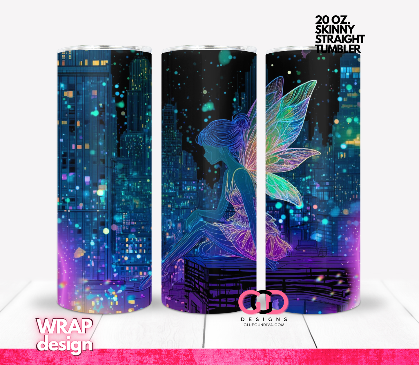 Neon City Fairy - Digital tumbler wrap for 20 oz skinny straight tumbler