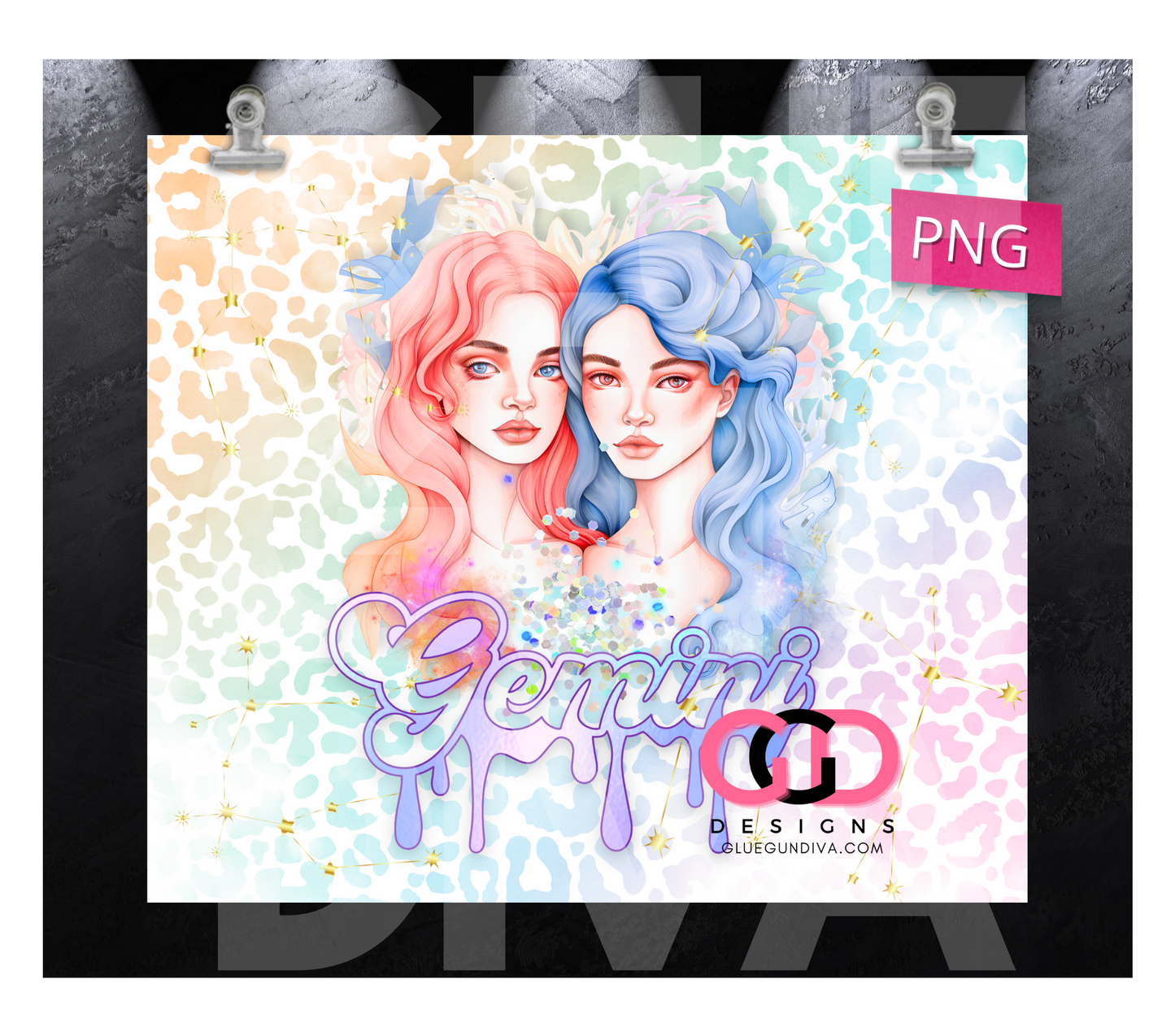 Gemini Beauties 1 - Digital tumbler wrap for 20 oz skinny straight tumbler