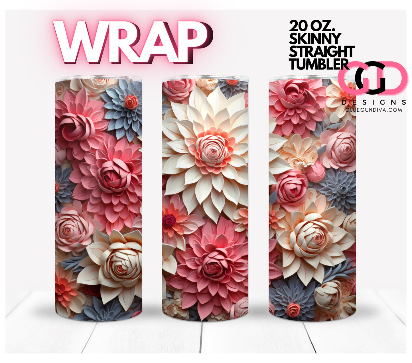 3D Pastel Color Flowers- Digital tumbler wrap for 20 oz skinny straight tumbler