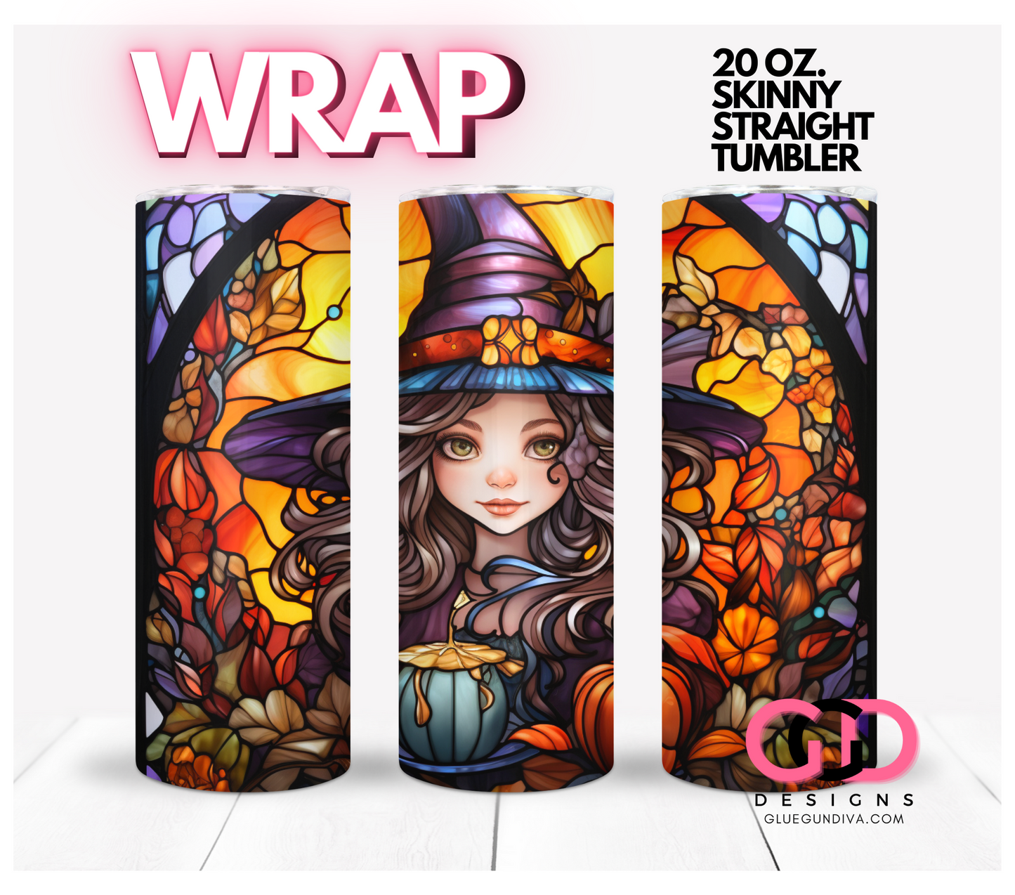 Cute Witch Stained Glass- Digital tumbler wrap for 20 oz skinny straight tumbler