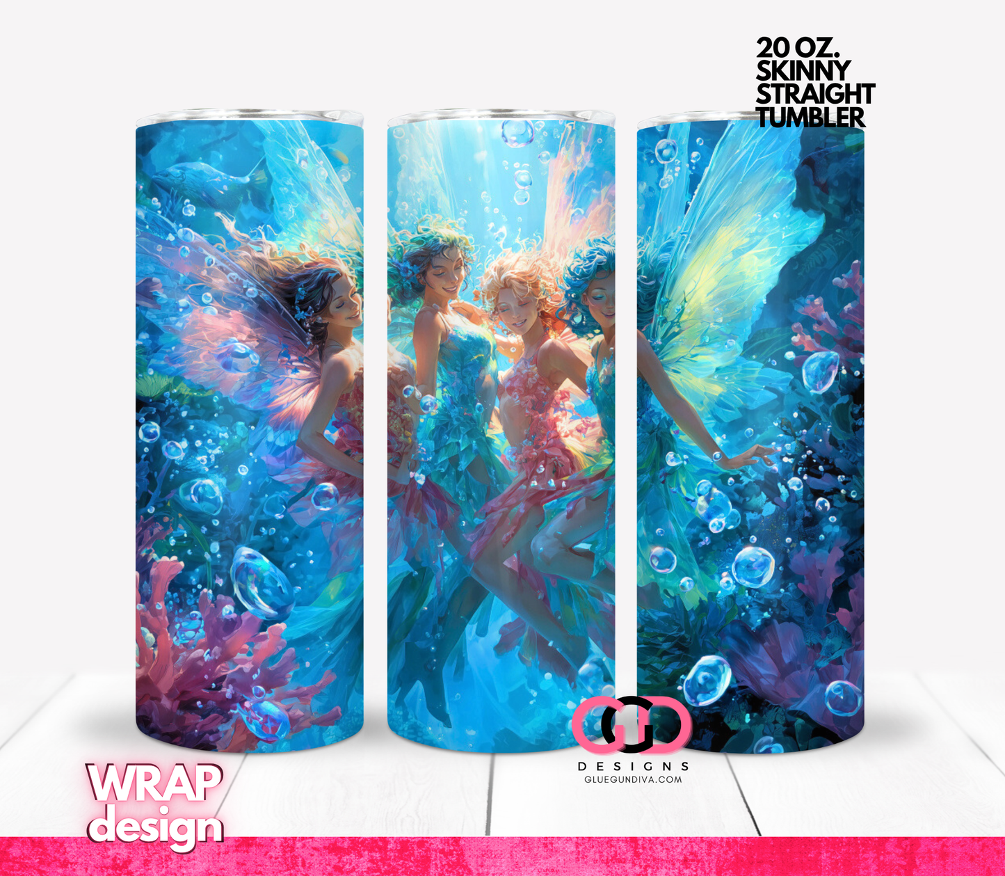 Fairies Under The Sea - Digital tumbler wrap for 20 oz skinny straight tumbler