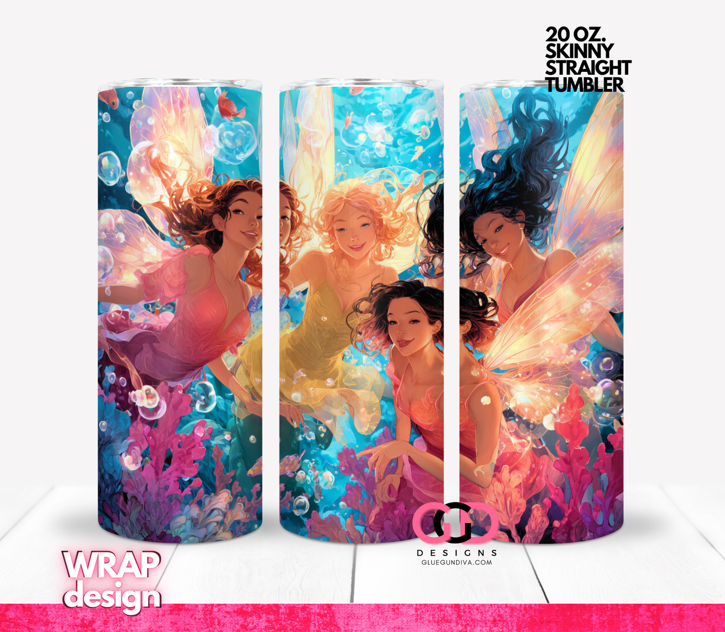 Fairies of The Ocean - Digital tumbler wrap for 20 oz skinny straight tumbler
