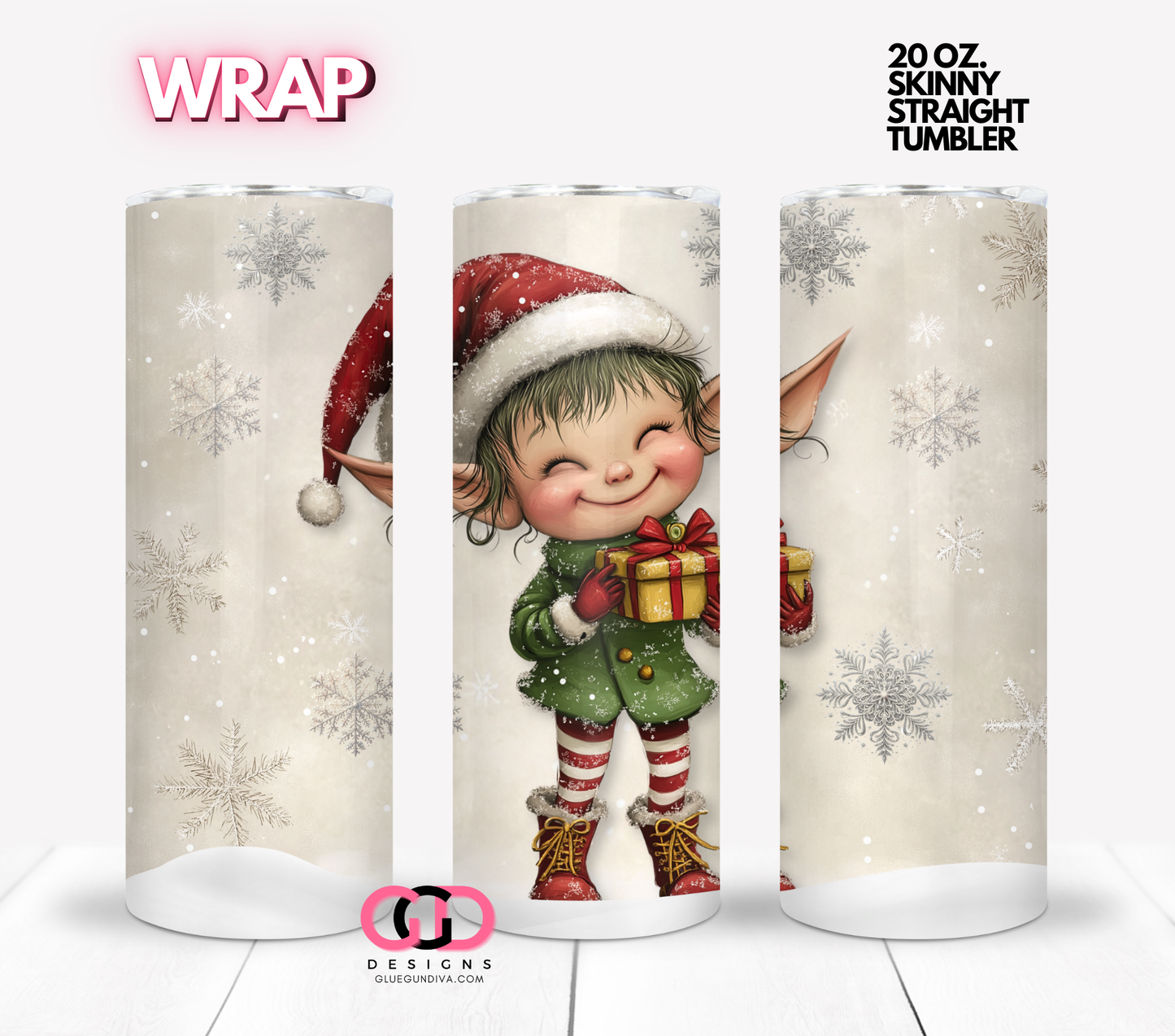 Happy Elf Snowflakes - Digital tumbler wrap for 20 oz skinny straight tumbler