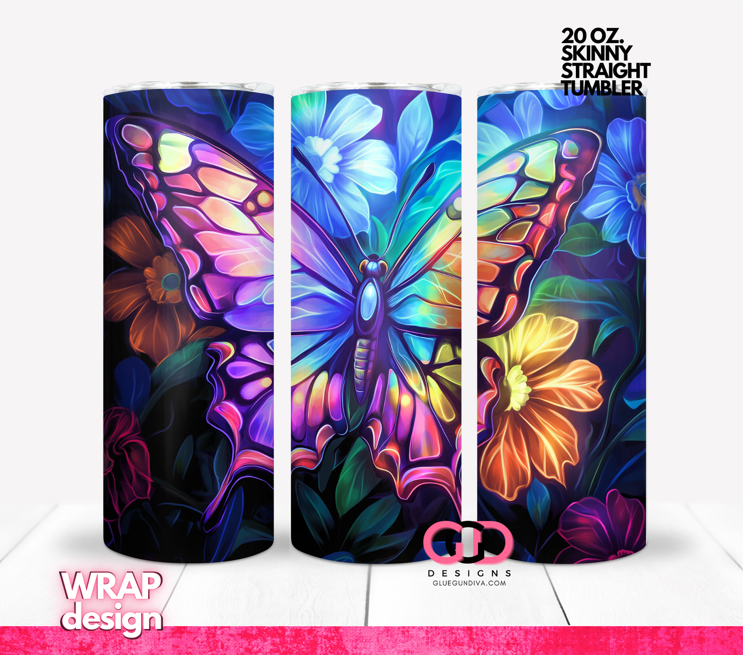 Neon Butterfly 1- Digital tumbler wrap for 20 oz skinny straight tumbler