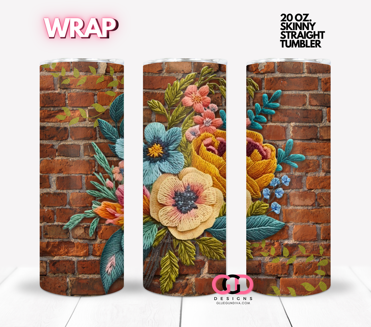 Embroidered On Brick - Digital tumbler wrap for 20 oz skinny straight tumbler