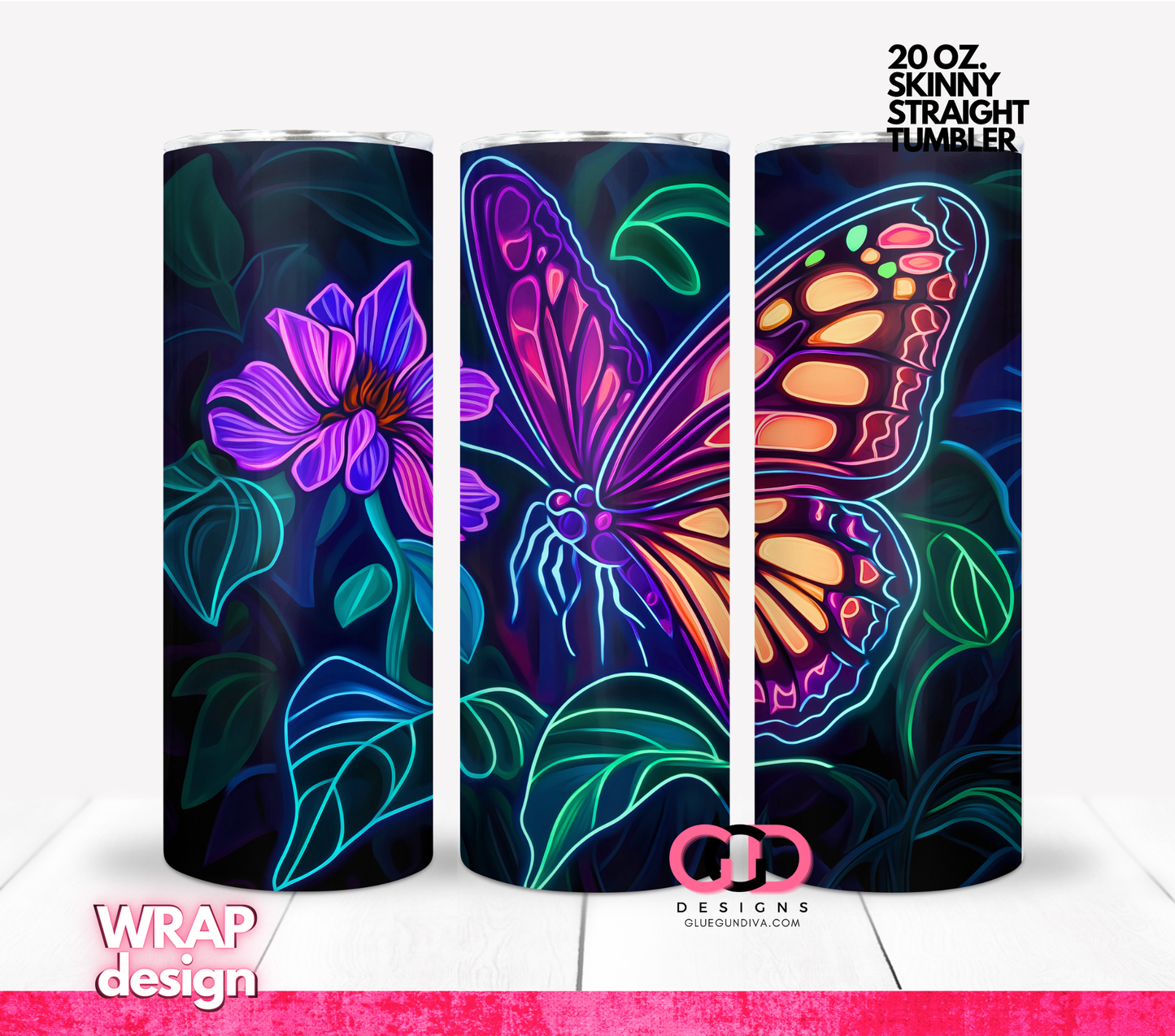 Neon Butterfly 2- Digital tumbler wrap for 20 oz skinny straight tumbler