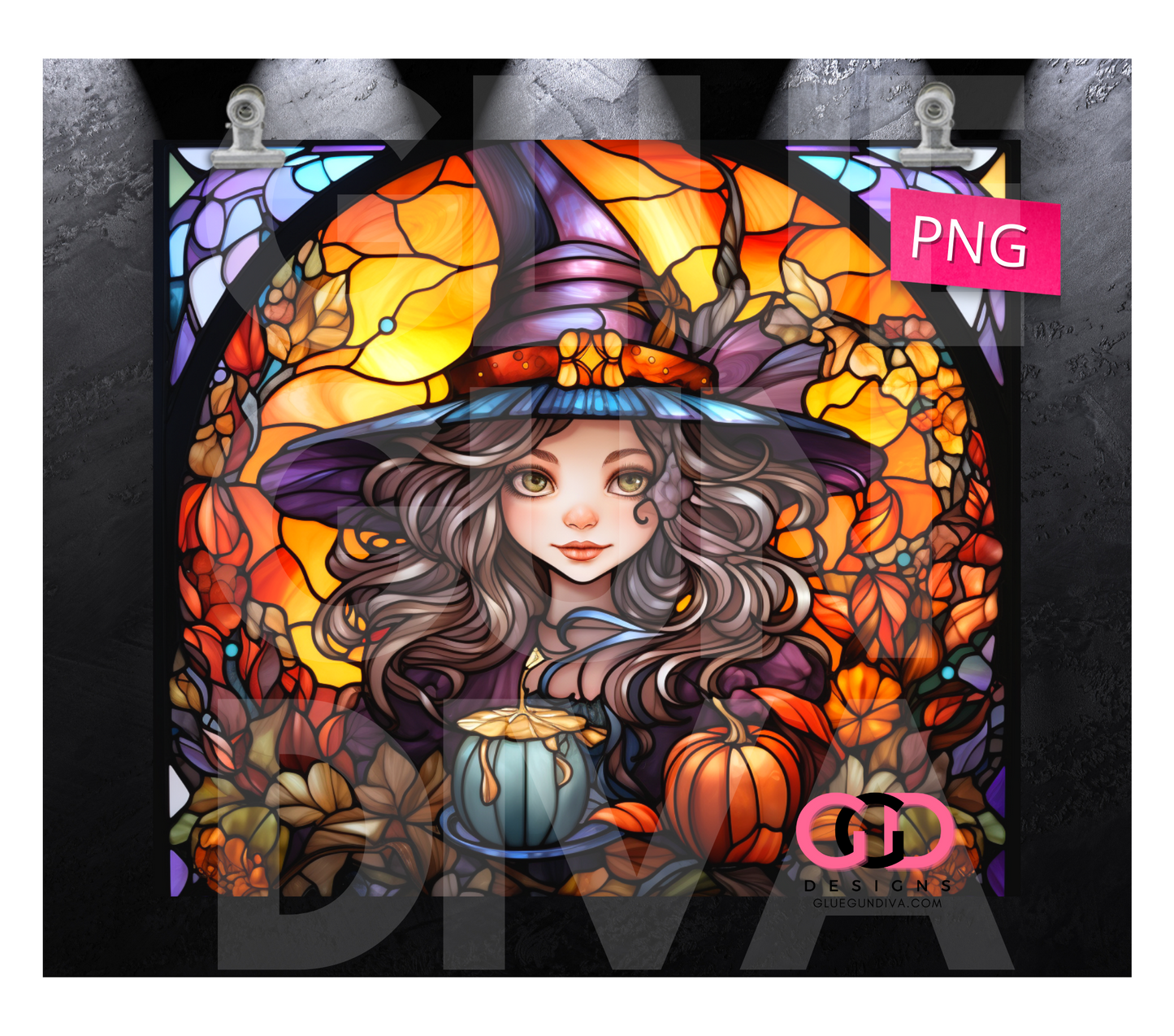 Cute Witch Stained Glass- Digital tumbler wrap for 20 oz skinny straight tumbler