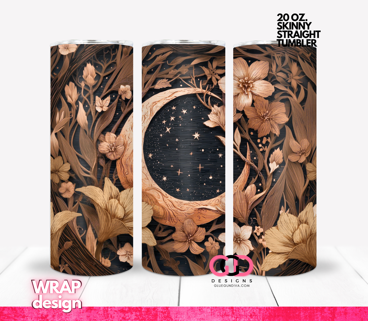 Wood Carved Moon - Digital tumbler wrap for 20 oz skinny straight tumbler