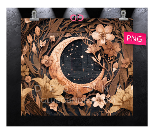 Wood Carved Moon - Digital tumbler wrap for 20 oz skinny straight tumbler