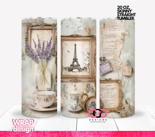 Vintage Parisian Collage 3 images - Digital tumbler wrap for 20 oz skinny straight tumbler