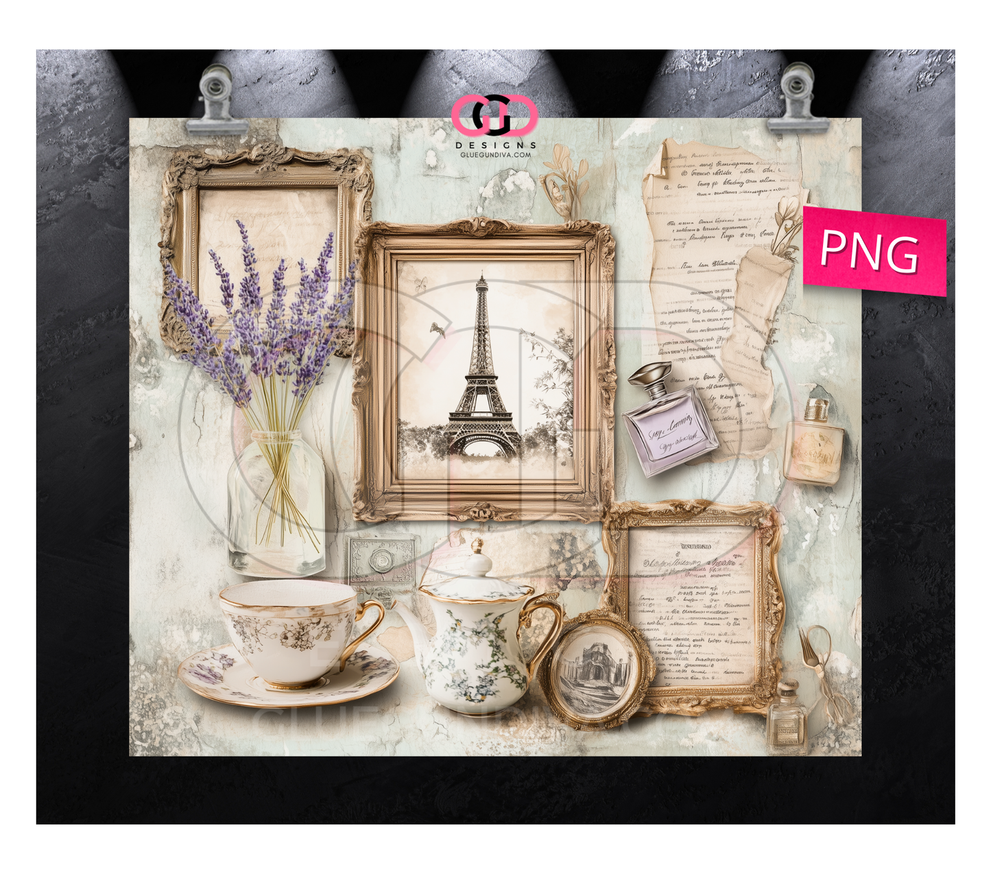 Vintage Parisian Collage 3 images - Digital tumbler wrap for 20 oz skinny straight tumbler