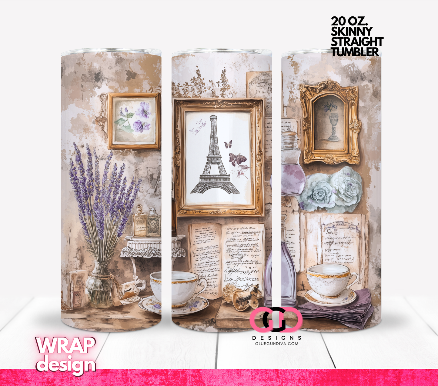 Vintage Parisian Collage 3 images - Digital tumbler wrap for 20 oz skinny straight tumbler