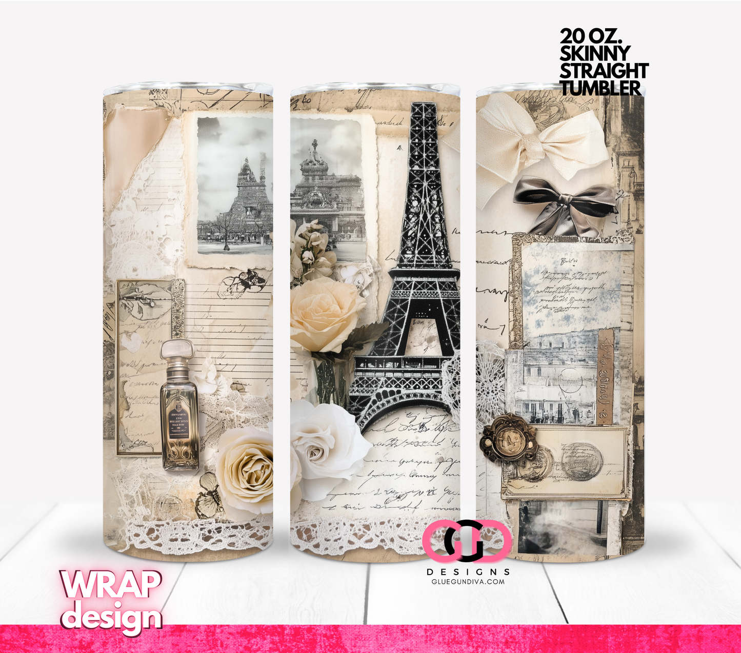 Vintage Parisian Collage 3 images - Digital tumbler wrap for 20 oz skinny straight tumbler