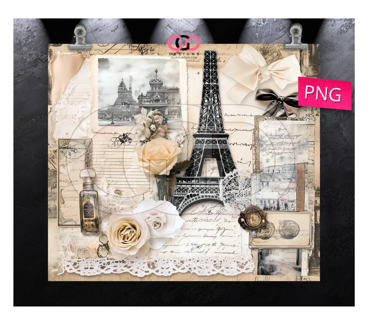 Vintage Parisian Collage 3 images - Digital tumbler wrap for 20 oz skinny straight tumbler