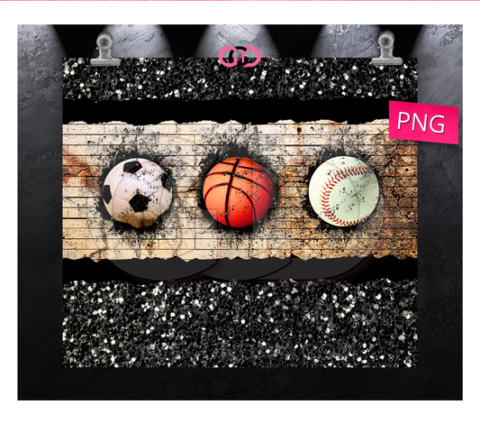 Three sports black glitter - Digital tumbler wrap for 20 oz skinny straight tumbler