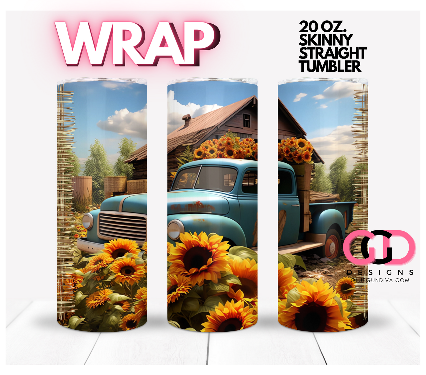 Truck with Sunflowers- Digital tumbler wrap for 20 oz skinny straight tumbler