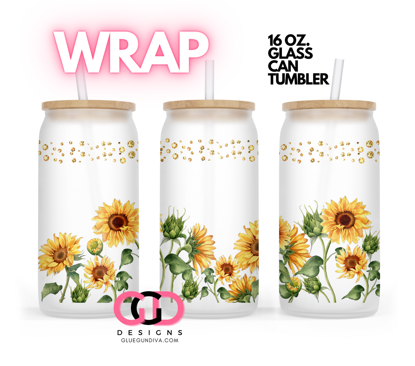 Sunflowers and Gems- Digital wrap for 16 oz glass can