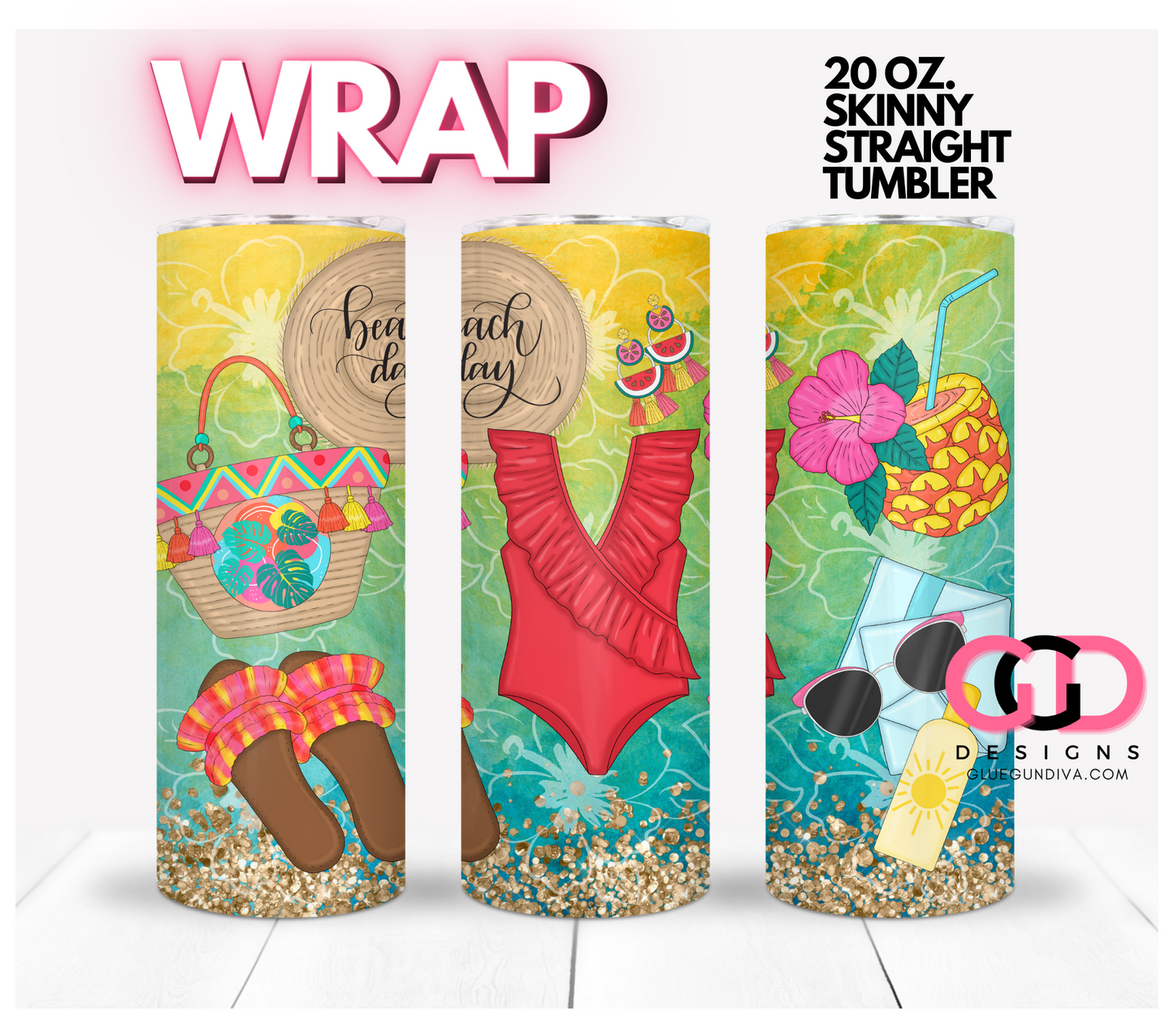 Beach Day- Digital tumbler wrap for 20 oz skinny straight tumbler