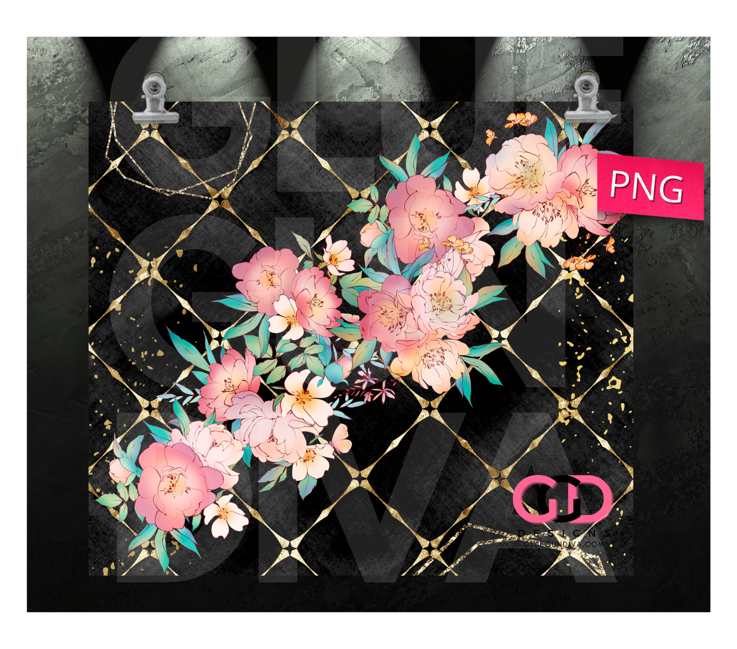 Flowers with Black and Gold background- Digital tumbler wrap for 20 oz skinny straight tumbler