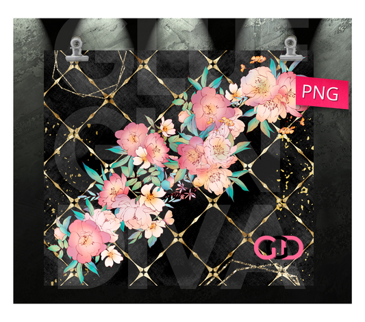 Flowers with Black and Gold background- Digital tumbler wrap for 20 oz skinny straight tumbler