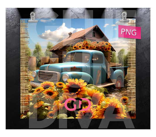 Truck with Sunflowers- Digital tumbler wrap for 20 oz skinny straight tumbler