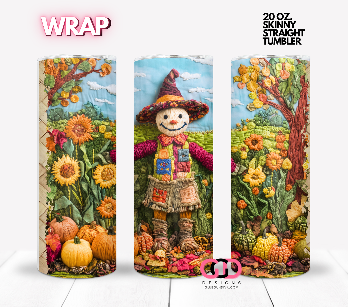 Embroidered Scarecrow - Digital tumbler wrap for 20 oz skinny straight tumbler
