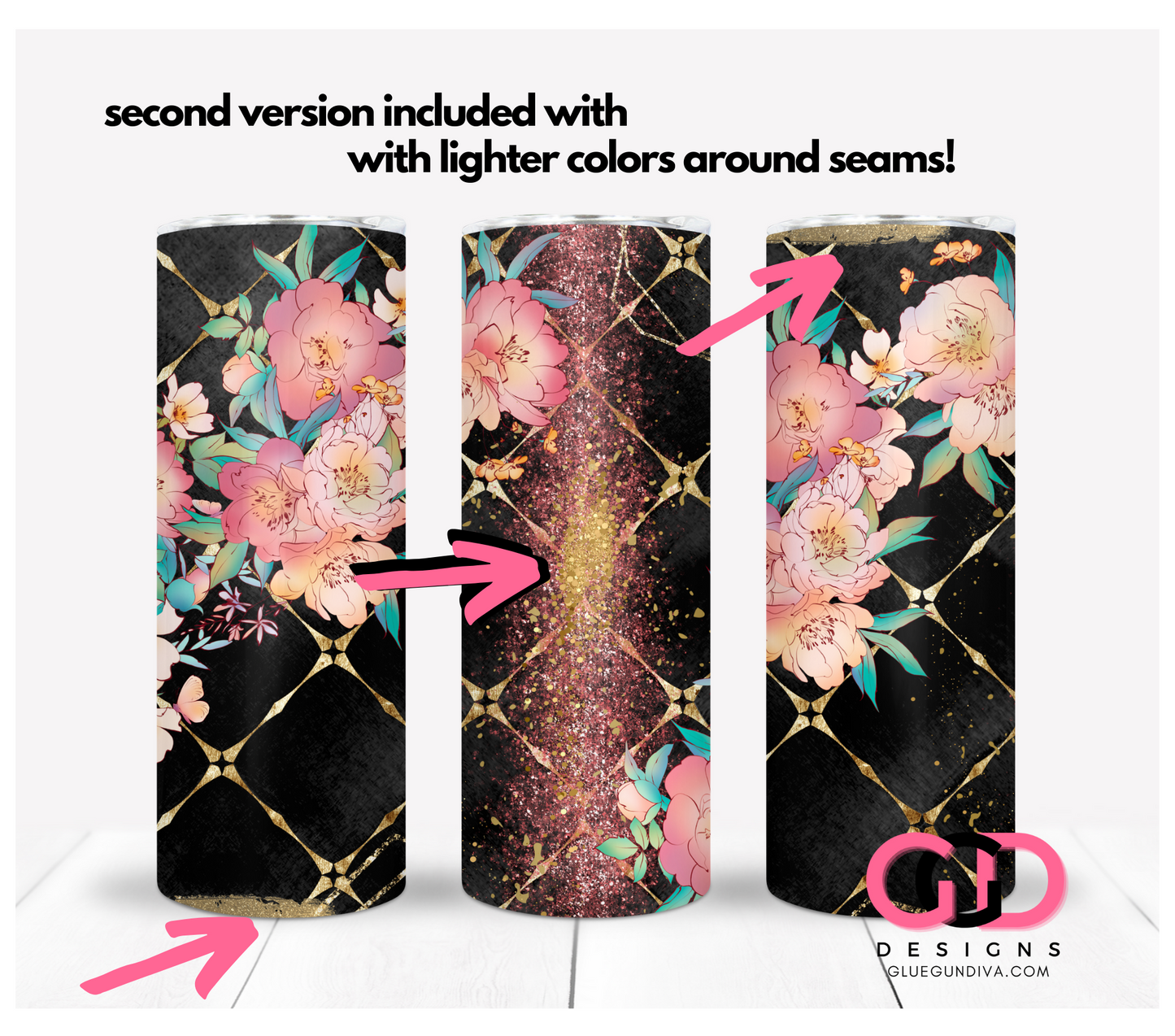 Flowers with Black and Gold background- Digital tumbler wrap for 20 oz skinny straight tumbler