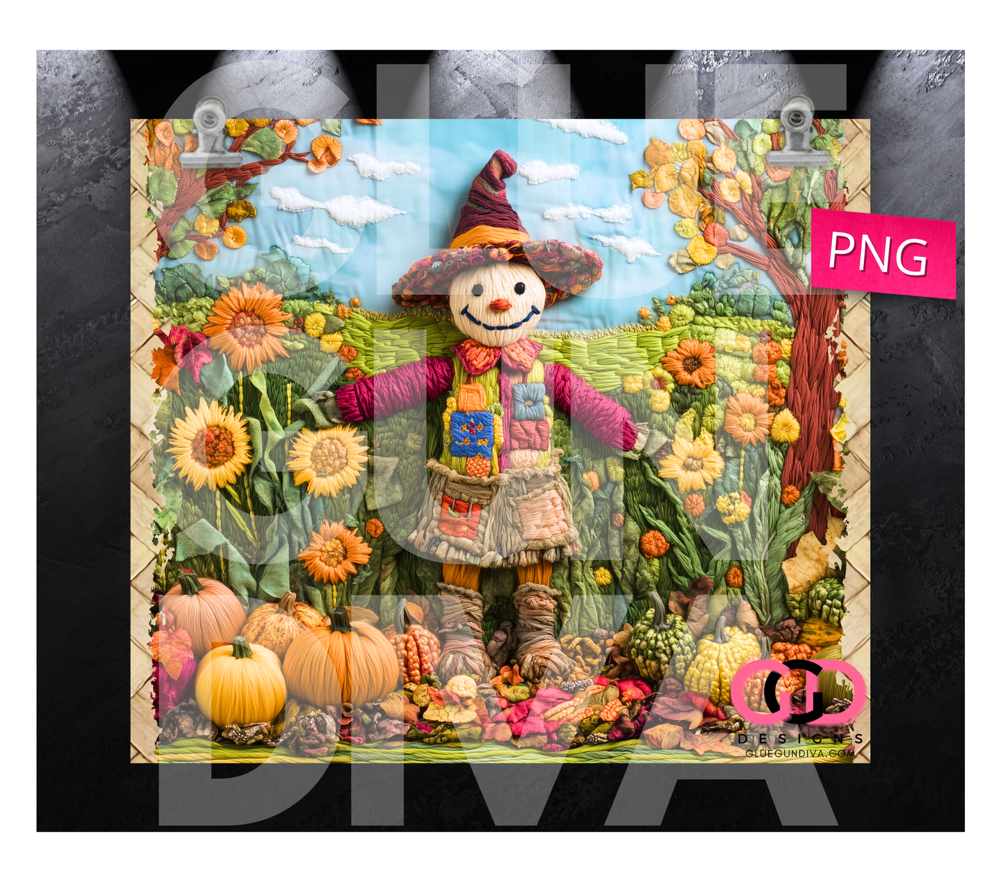 Embroidered Scarecrow - Digital tumbler wrap for 20 oz skinny straight tumbler