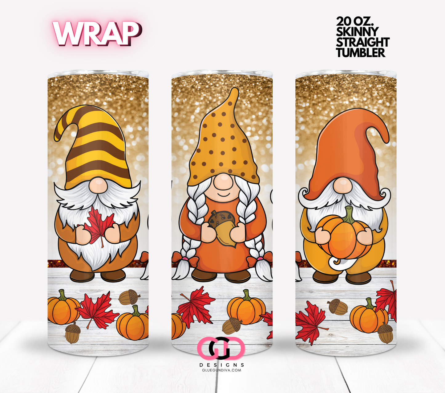 Fall Gnome Trio - Digital tumbler wrap for 20 oz skinny straight tumbler