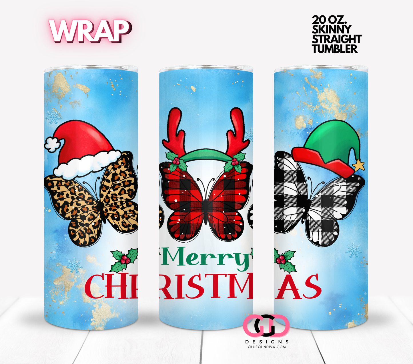 Christmas Butterflies - Digital tumbler wrap for 20 oz skinny straight tumbler