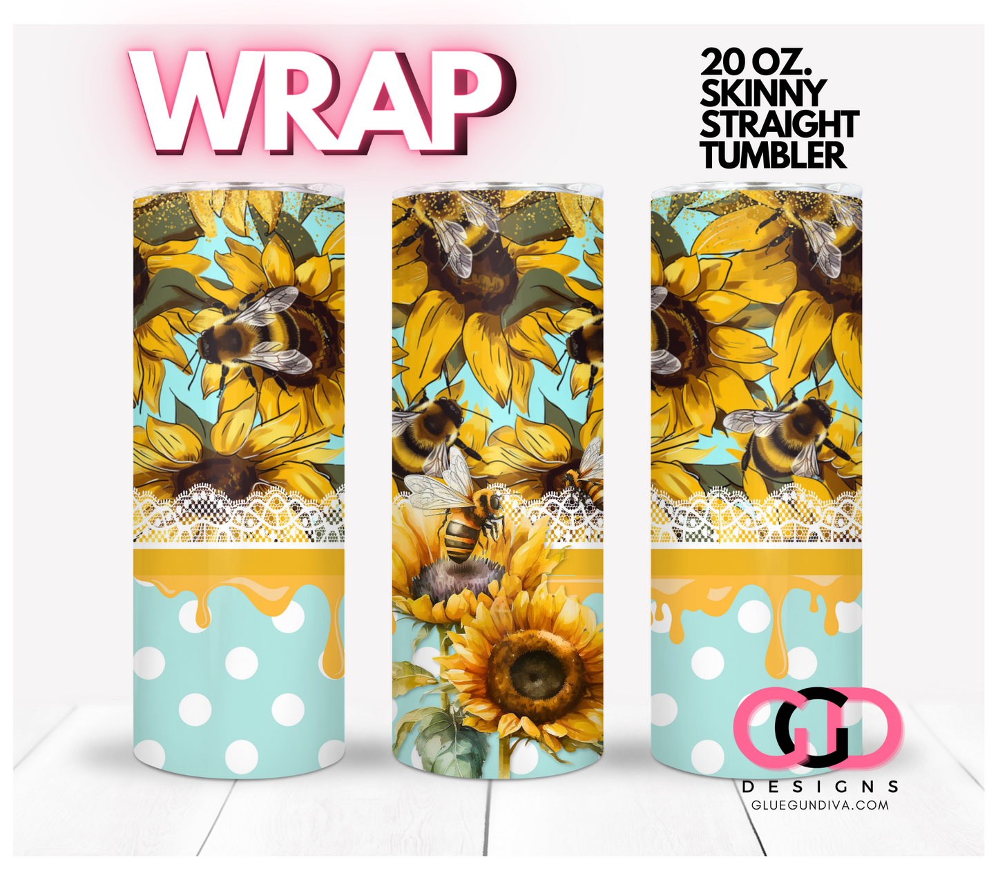 Bees and Dots with Honey- Digital tumbler wrap for 20 oz skinny straight tumbler