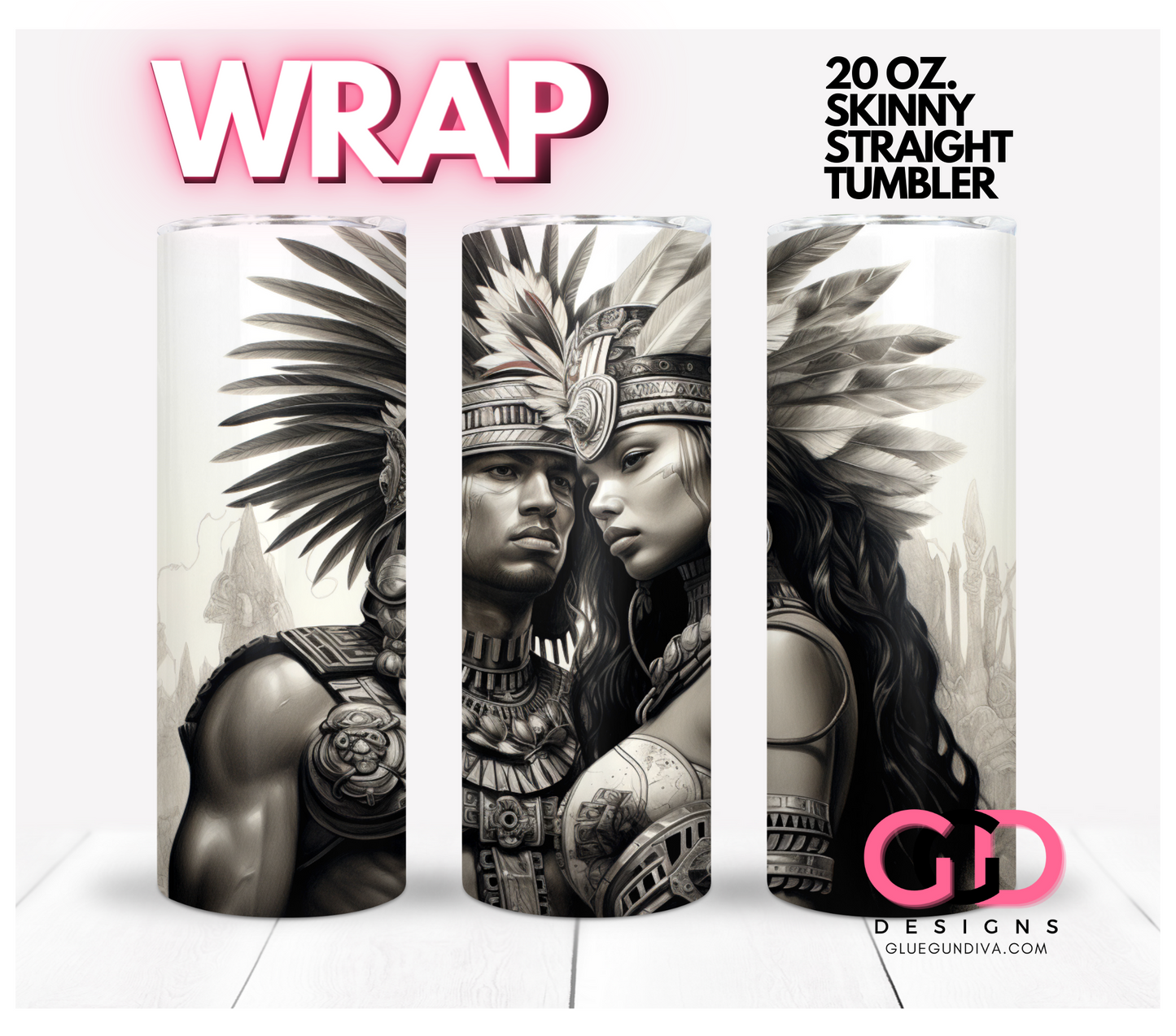 Aztec Warrior and Princess- Digital tumbler wrap for 20 oz skinny straight tumbler