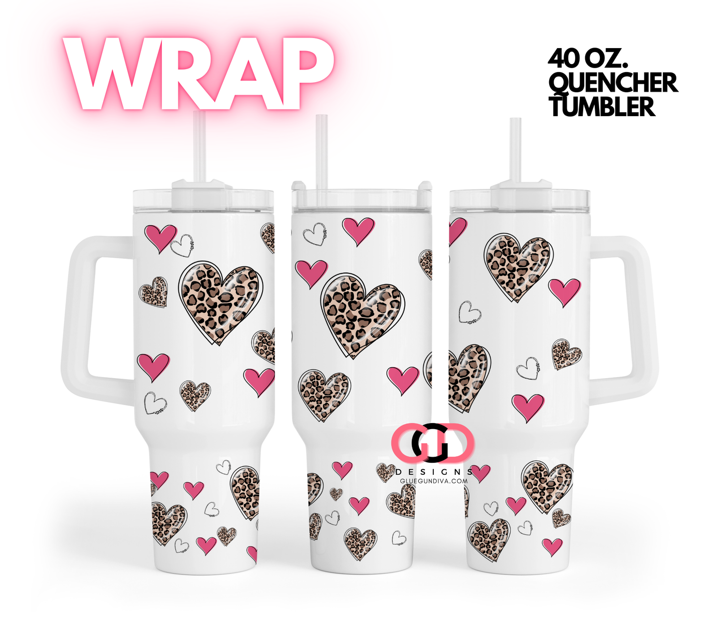 Leopard and Pink Hearts- Digital tumbler wrap for 40 oz tumbler