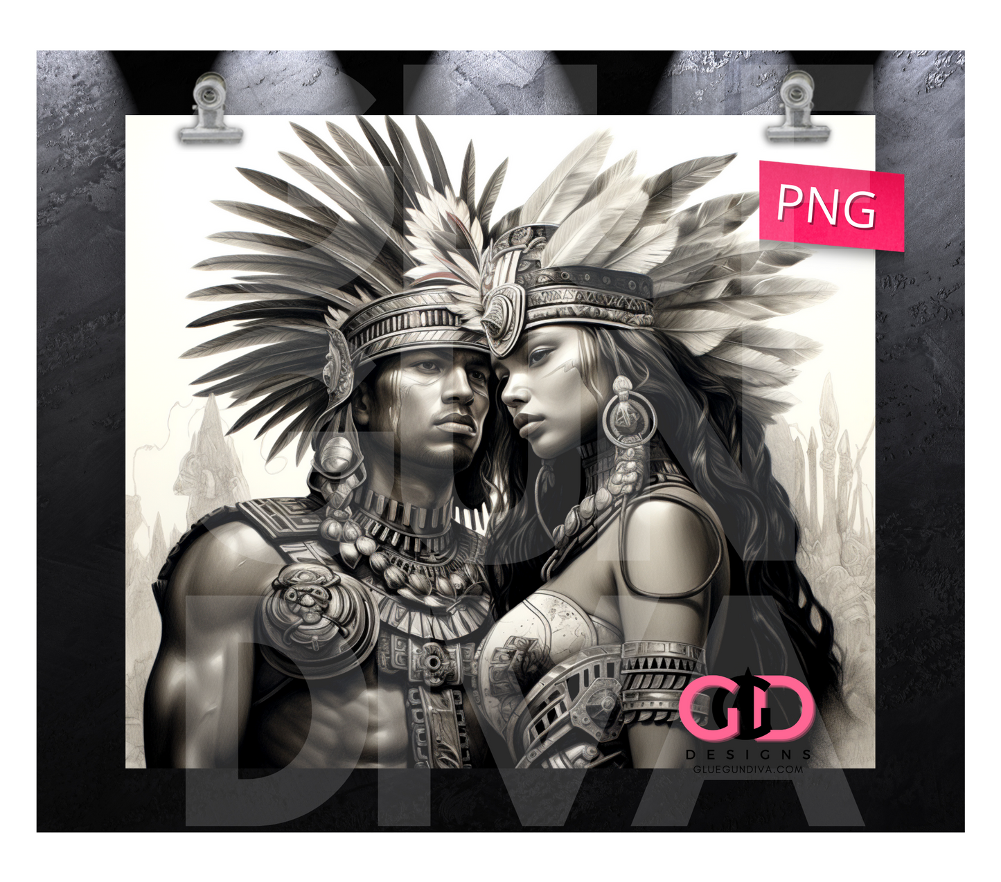 Aztec Warrior and Princess- Digital tumbler wrap for 20 oz skinny straight tumbler