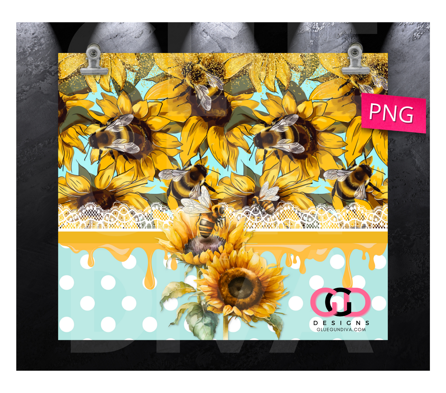 Bees and Dots with Honey- Digital tumbler wrap for 20 oz skinny straight tumbler