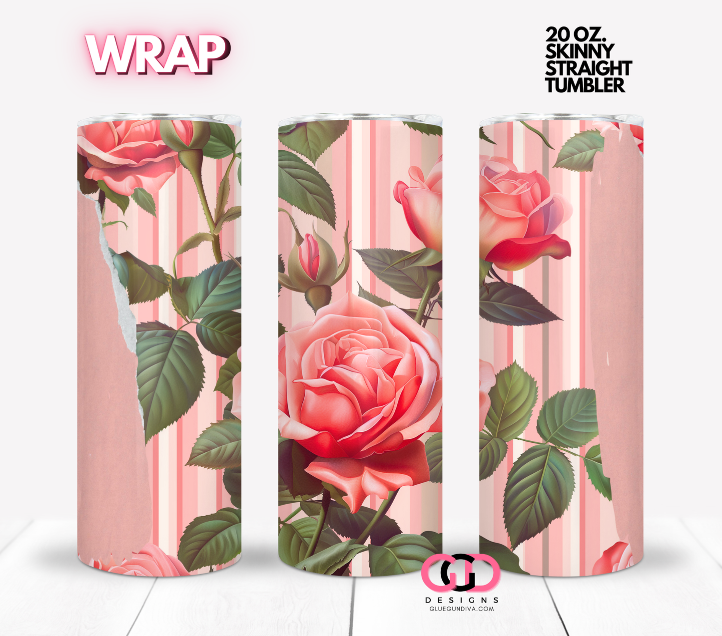 Vintage Pink Roses and Paper- Digital tumbler wrap for 20 oz skinny straight tumbler