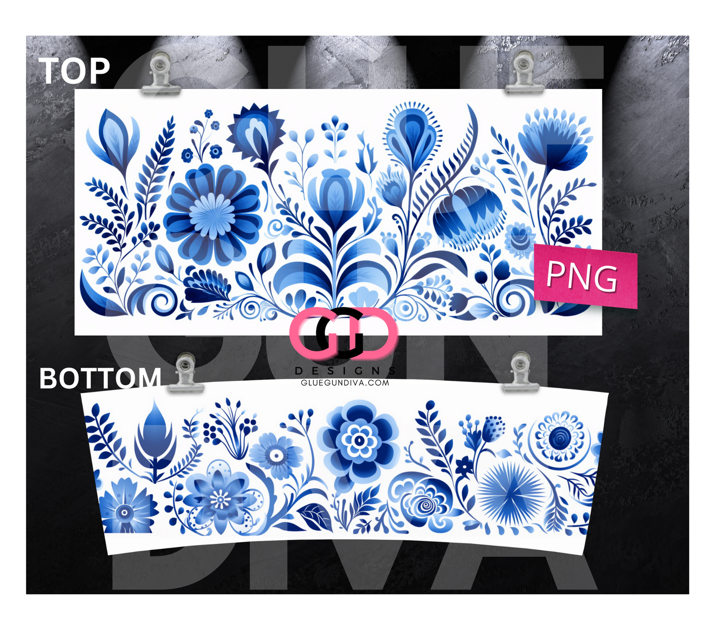 Blue Mexican Art Flowers - Digital tumbler wrap for 40 oz tumbler