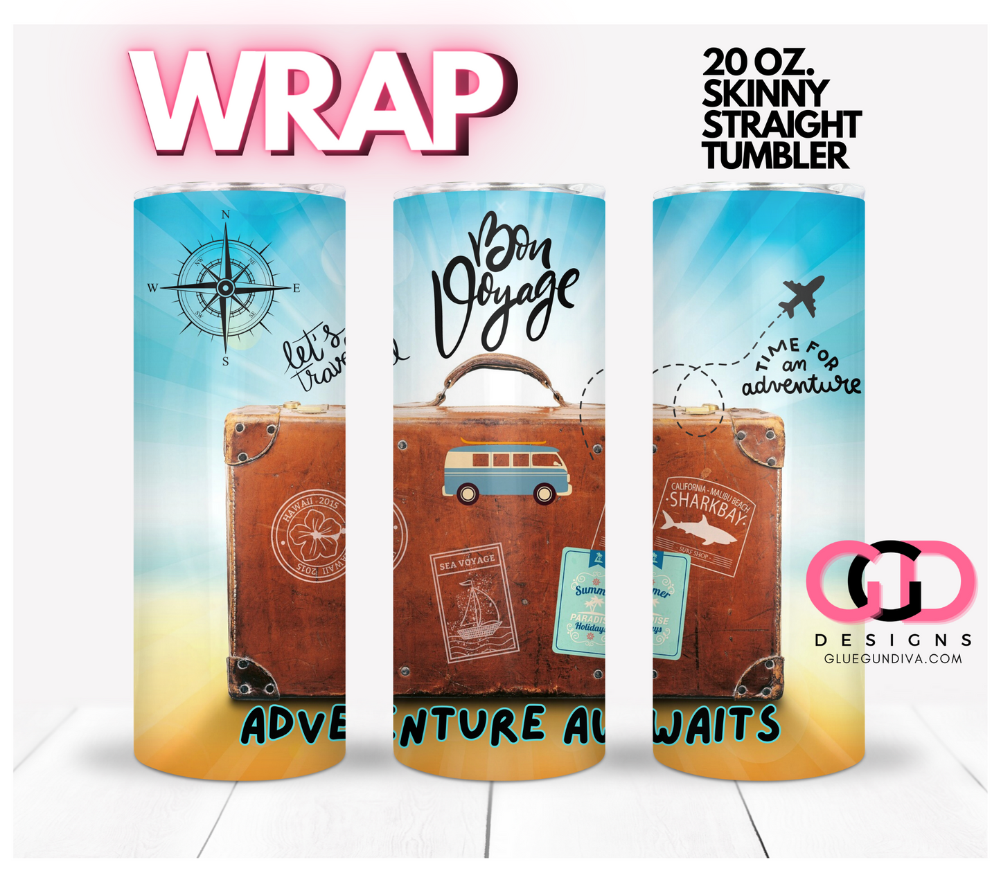 Bon Voyage- Digital tumbler wrap for 20 oz skinny straight tumbler