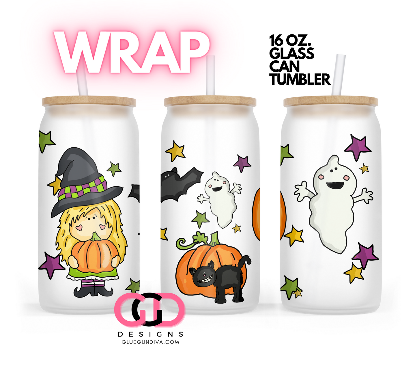 Cute Halloween Friends- Digital wrap for 16 oz glass can