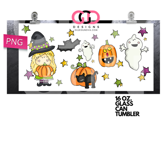 Cute Halloween Friends- Digital wrap for 16 oz glass can