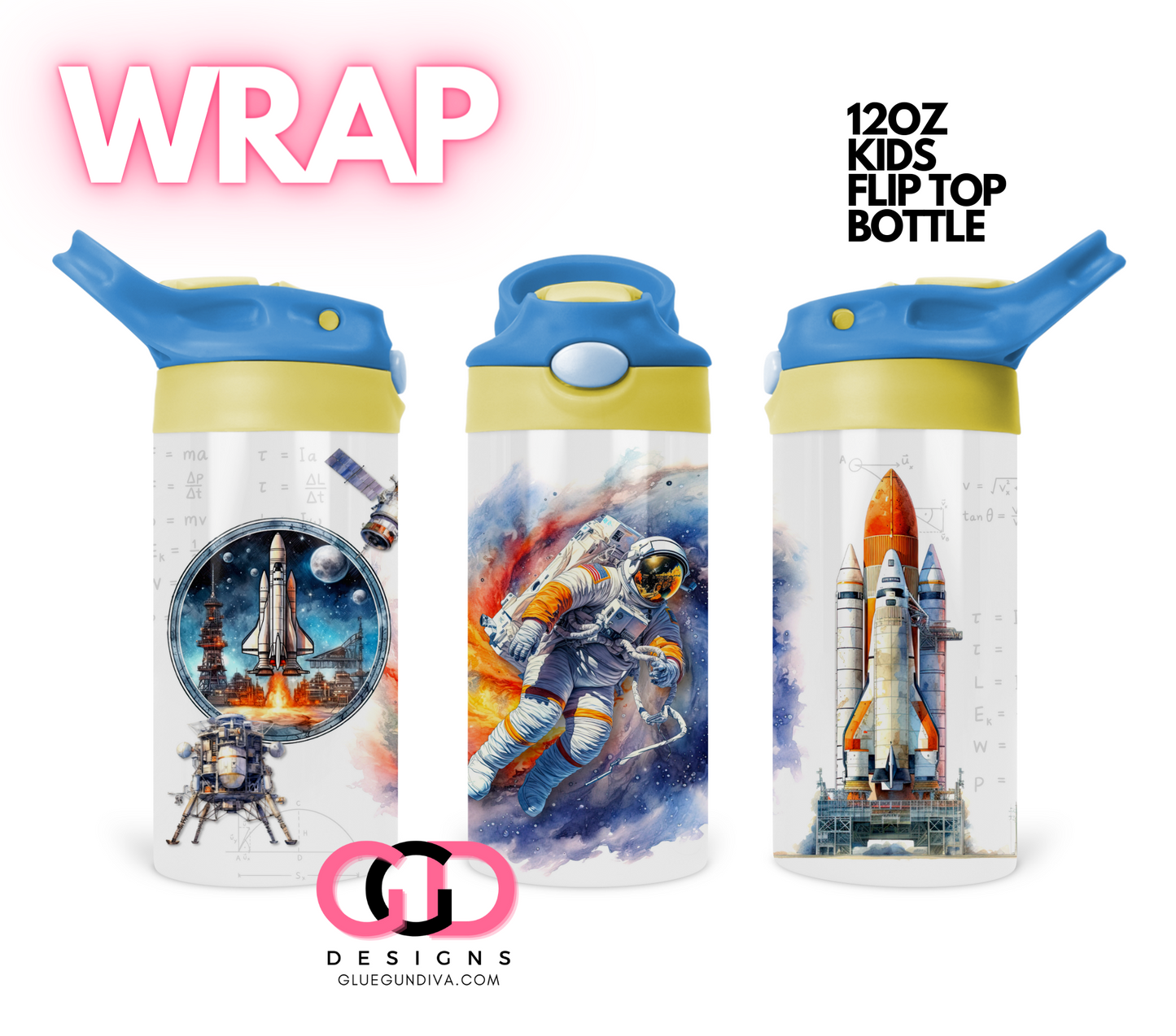 Space Science - Digital Flip Top Bottle Wrap for kid's bottles 12 oz