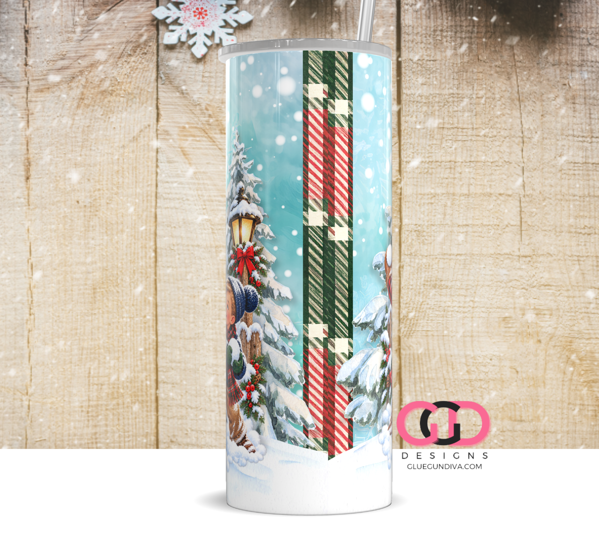 Vintage Snowball Fight White Children- Digital tumbler wrap for 20 oz skinny straight tumbler